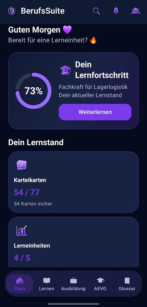 Startbildschirm der BerufsSuite-App mit Lernfortschritt, Karteikarten- und Lerneinheiten-Übersicht