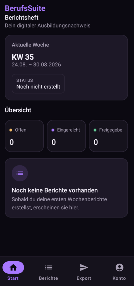 Aktueller Entwicklungsstand der BerufsSuite-Berichtsheft-App mit Kalenderwoche 35, Berichtsstatus und Navigation